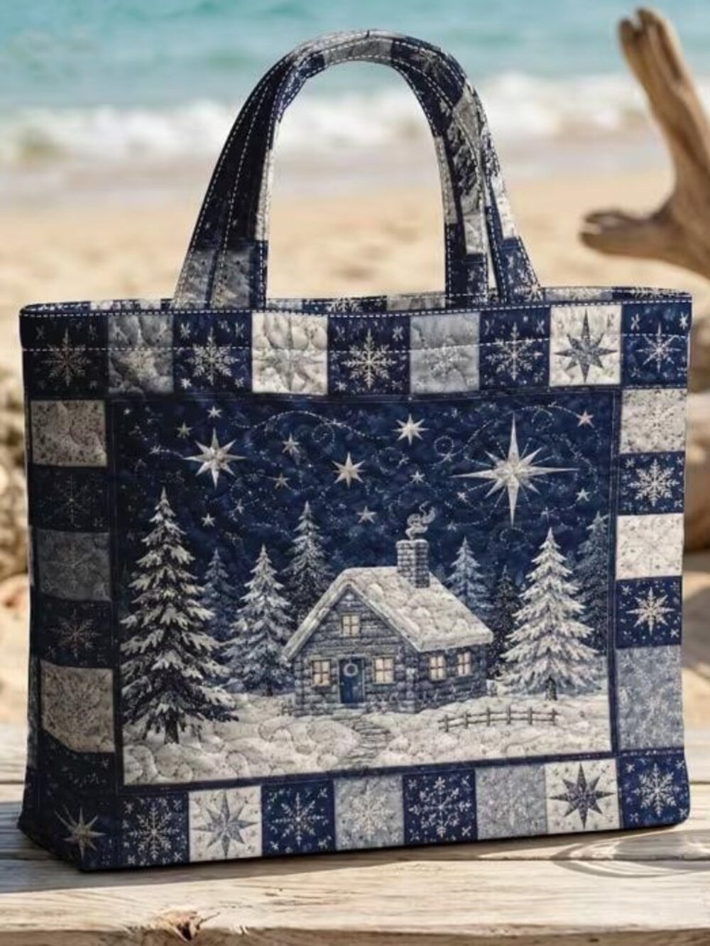 QUILTED SNOWY CABIN TOTE